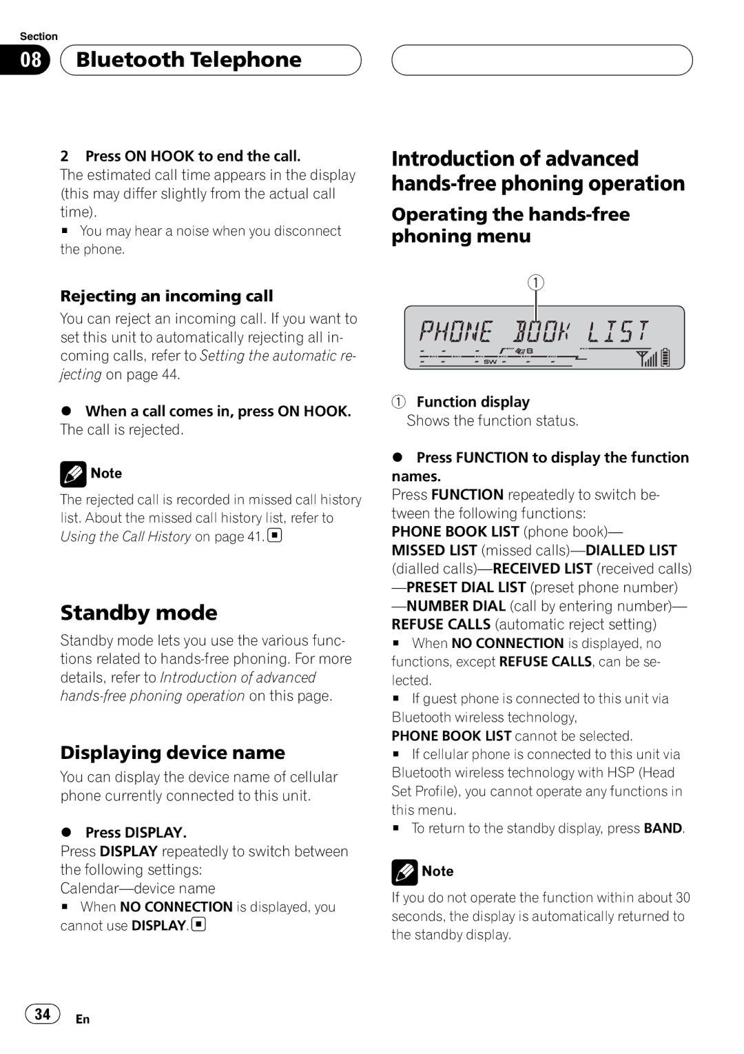 Pioneer DEH-P55BT Standby mode, Introduction of advanced hands-free phoning operation, Displaying device name 