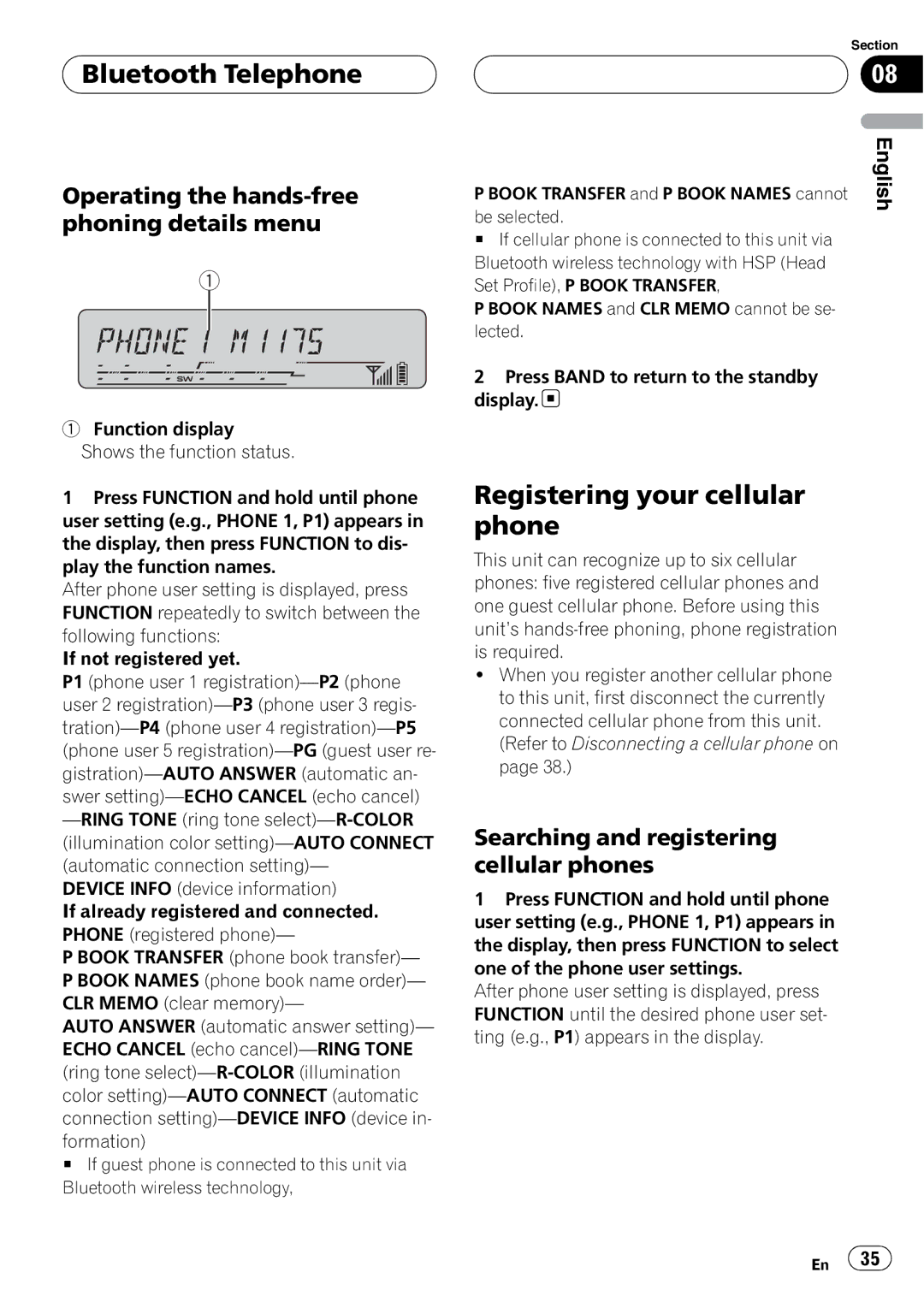 Pioneer DEH-P55BT operation manual Registering your cellular phone, Operating the hands-free phoning details menu 