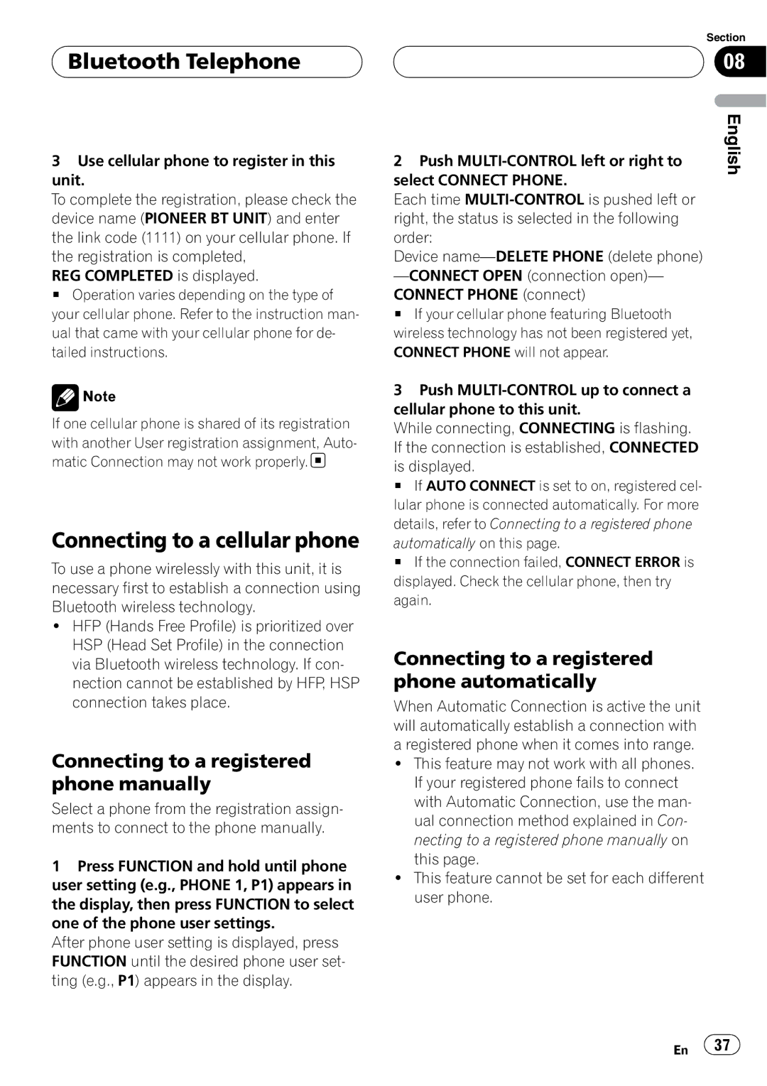 Pioneer DEH-P55BT operation manual Connecting to a cellular phone, Connecting to a registered phone manually 