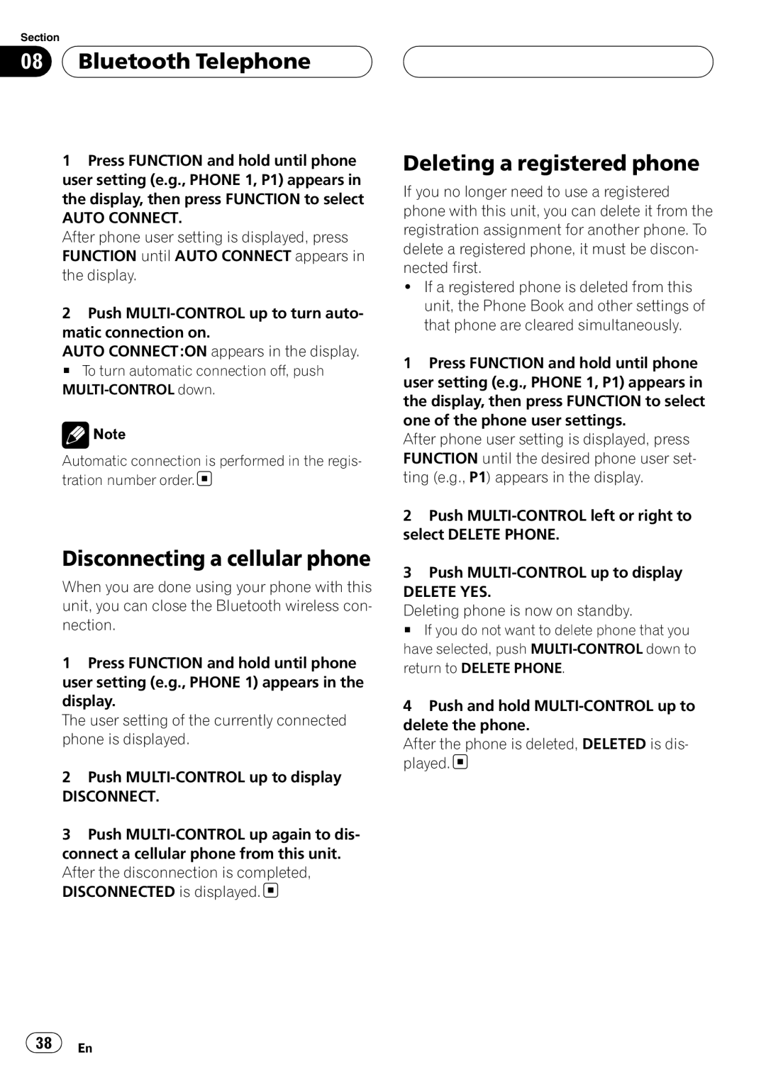 Pioneer DEH-P55BT operation manual Disconnecting a cellular phone, Deleting a registered phone, Auto Connect, Delete YES 