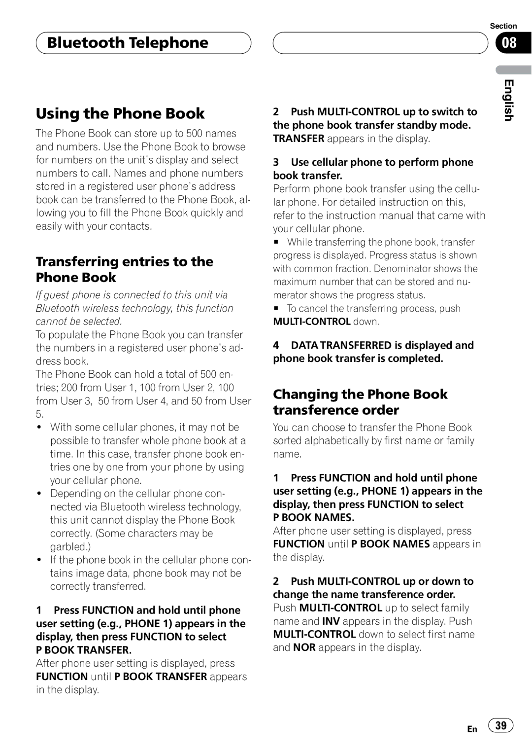 Pioneer DEH-P55BT Bluetooth Telephone Using the Phone Book, Transferring entries to the Phone Book, Book Transfer 