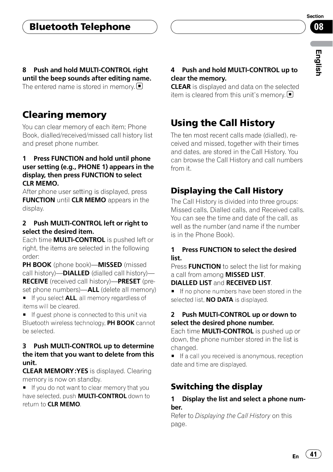 Pioneer DEH-P55BT Clearing memory, Using the Call History, Displaying the Call History, Switching the display, CLR Memo 