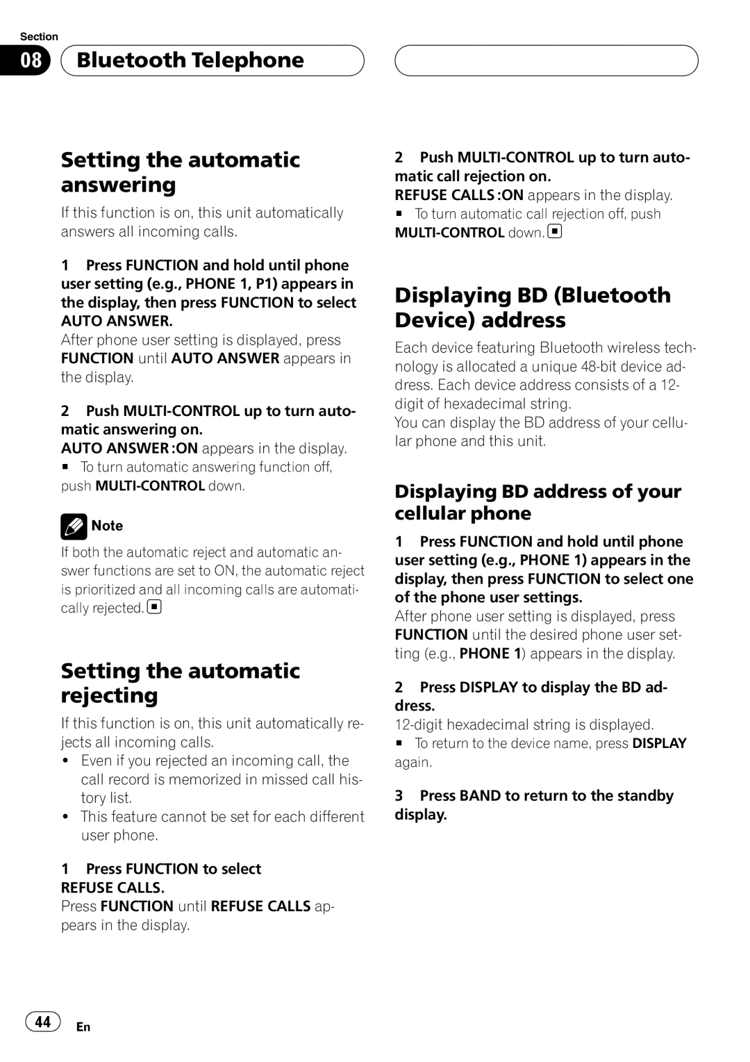 Pioneer DEH-P55BT operation manual Bluetooth Telephone Setting the automatic answering, Setting the automatic rejecting 