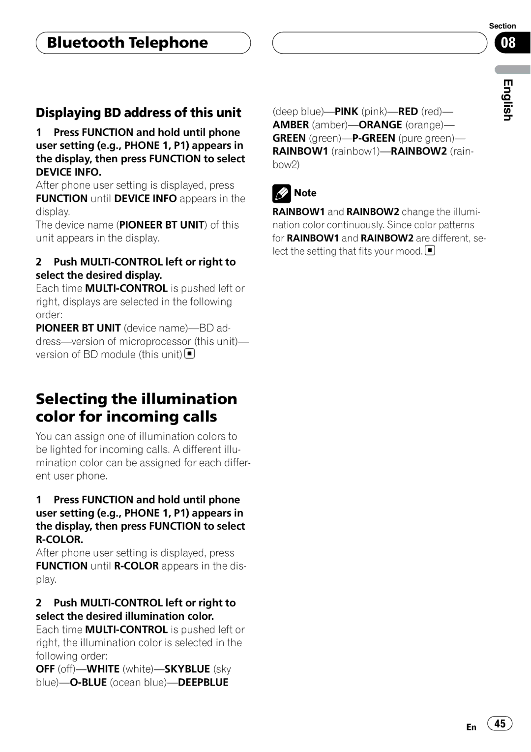 Pioneer DEH-P55BT Selecting the illumination color for incoming calls, Displaying BD address of this unit, Device Info 