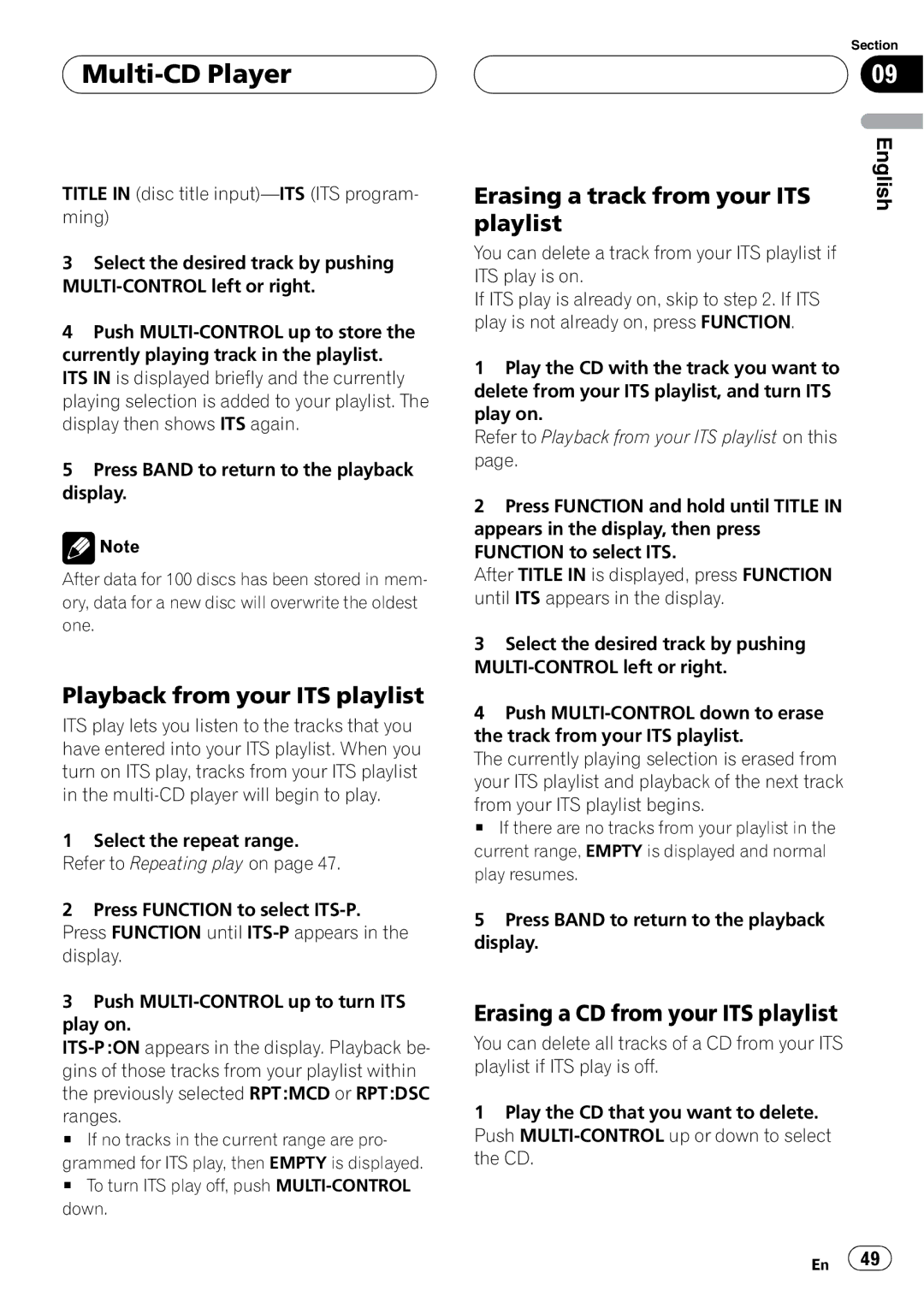 Pioneer DEH-P55BT operation manual Playback from your ITS playlist, Erasing a track from your ITS, Playlist 