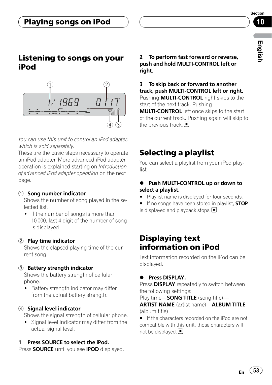 Pioneer DEH-P55BT operation manual Playing songs on iPod Listening to songs on your iPod, Selecting a playlist 