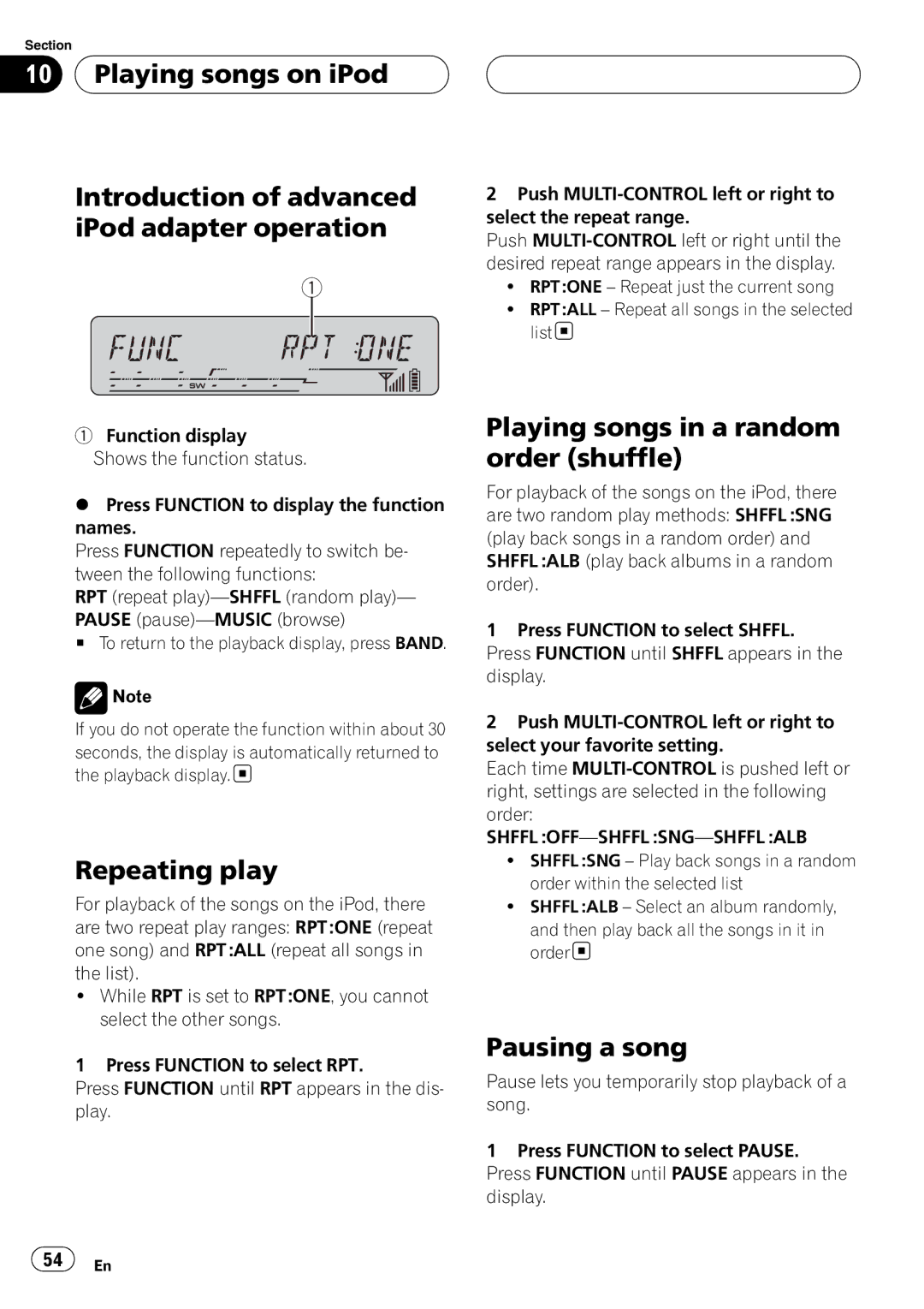 Pioneer DEH-P55BT operation manual Playing songs in a random order shuffle, Pausing a song, Shffl OFF-SHFFL SNG-SHFFL ALB 