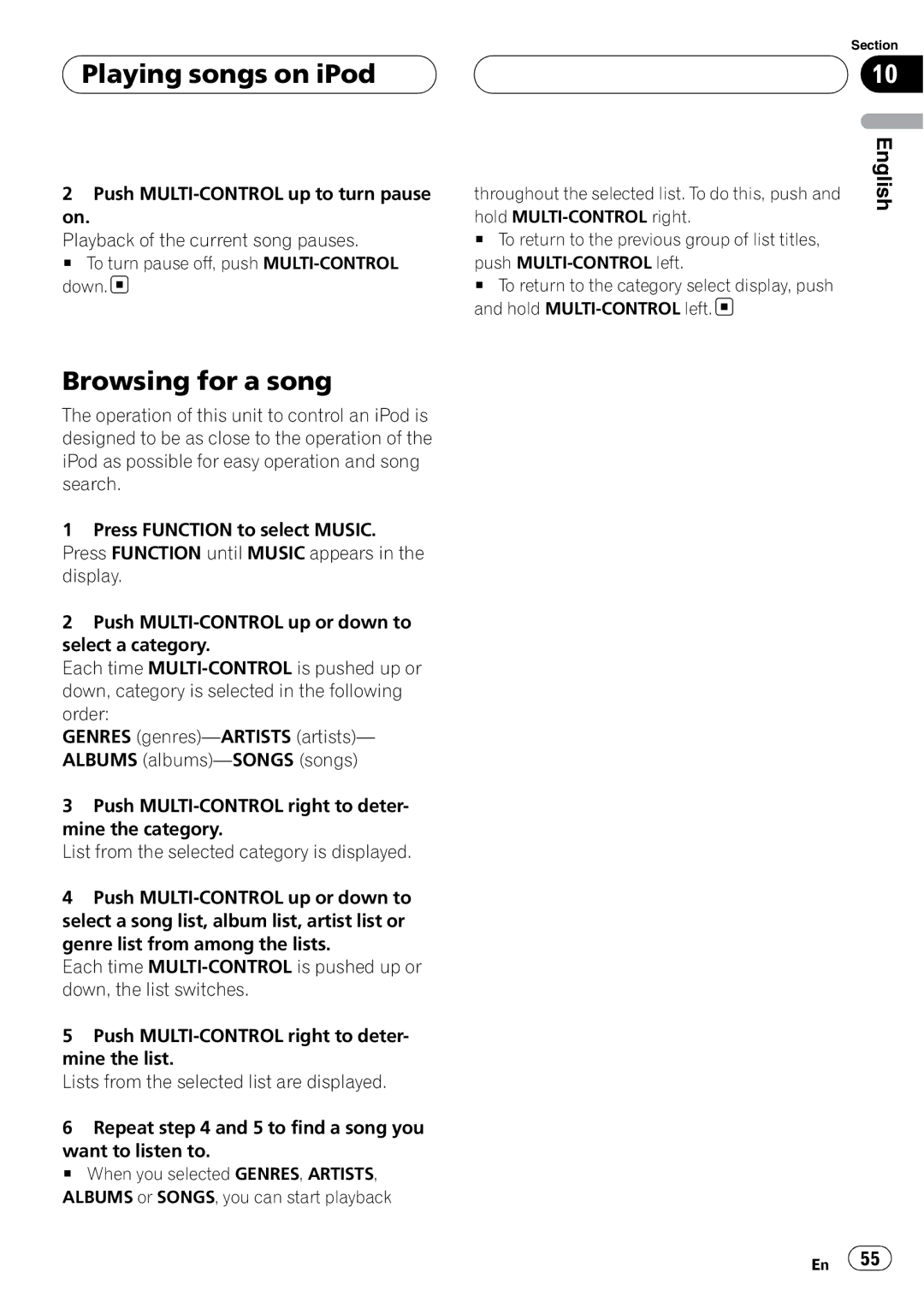 Pioneer DEH-P55BT operation manual Playing songs on iPod, Browsing for a song 