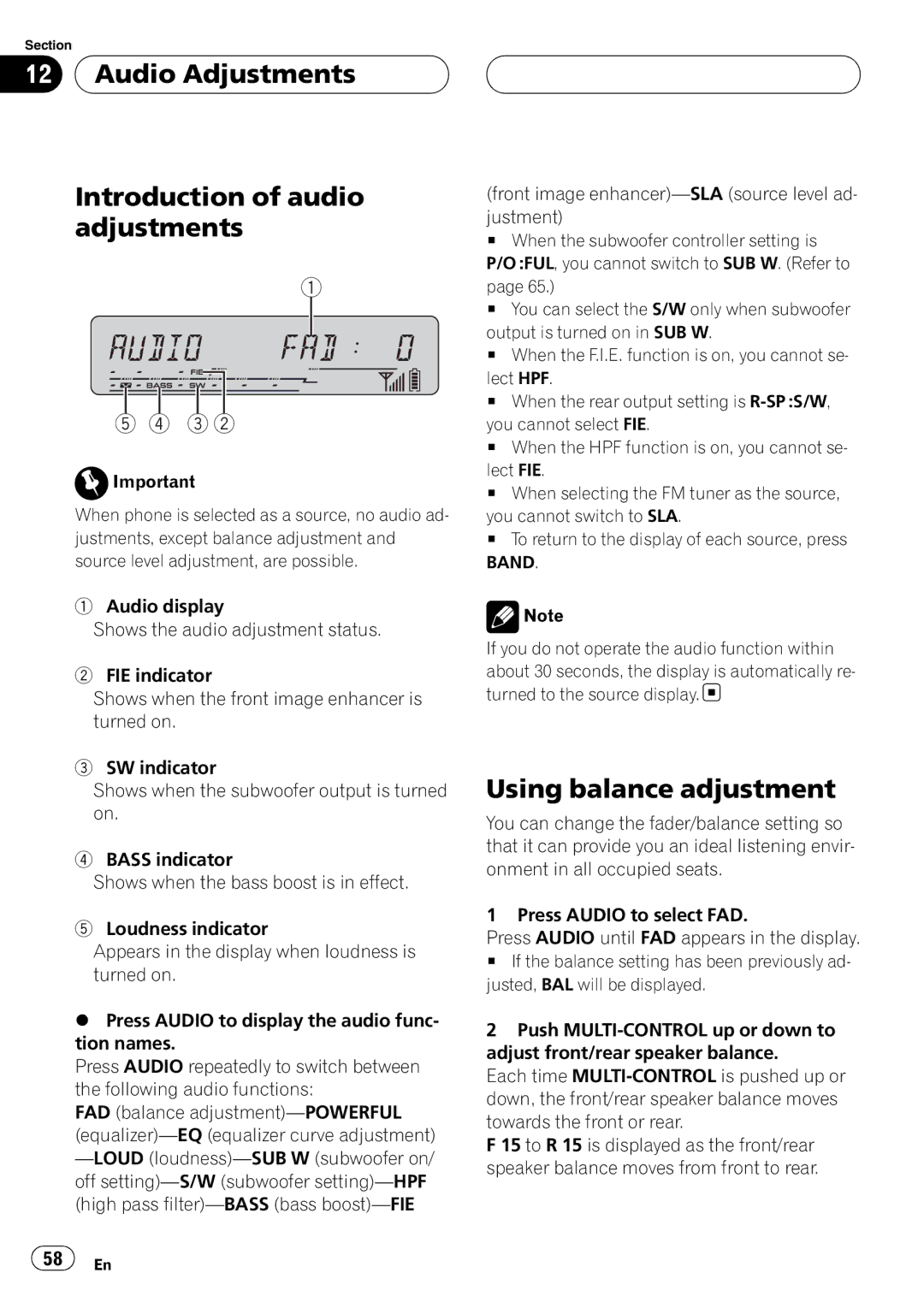 Pioneer DEH-P55BT operation manual Audio Adjustments Introduction of audio adjustments, Using balance adjustment 