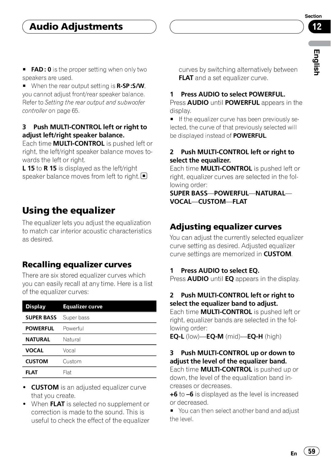 Pioneer DEH-P55BT Audio Adjustments, Using the equalizer, Recalling equalizer curves, Adjusting equalizer curves 