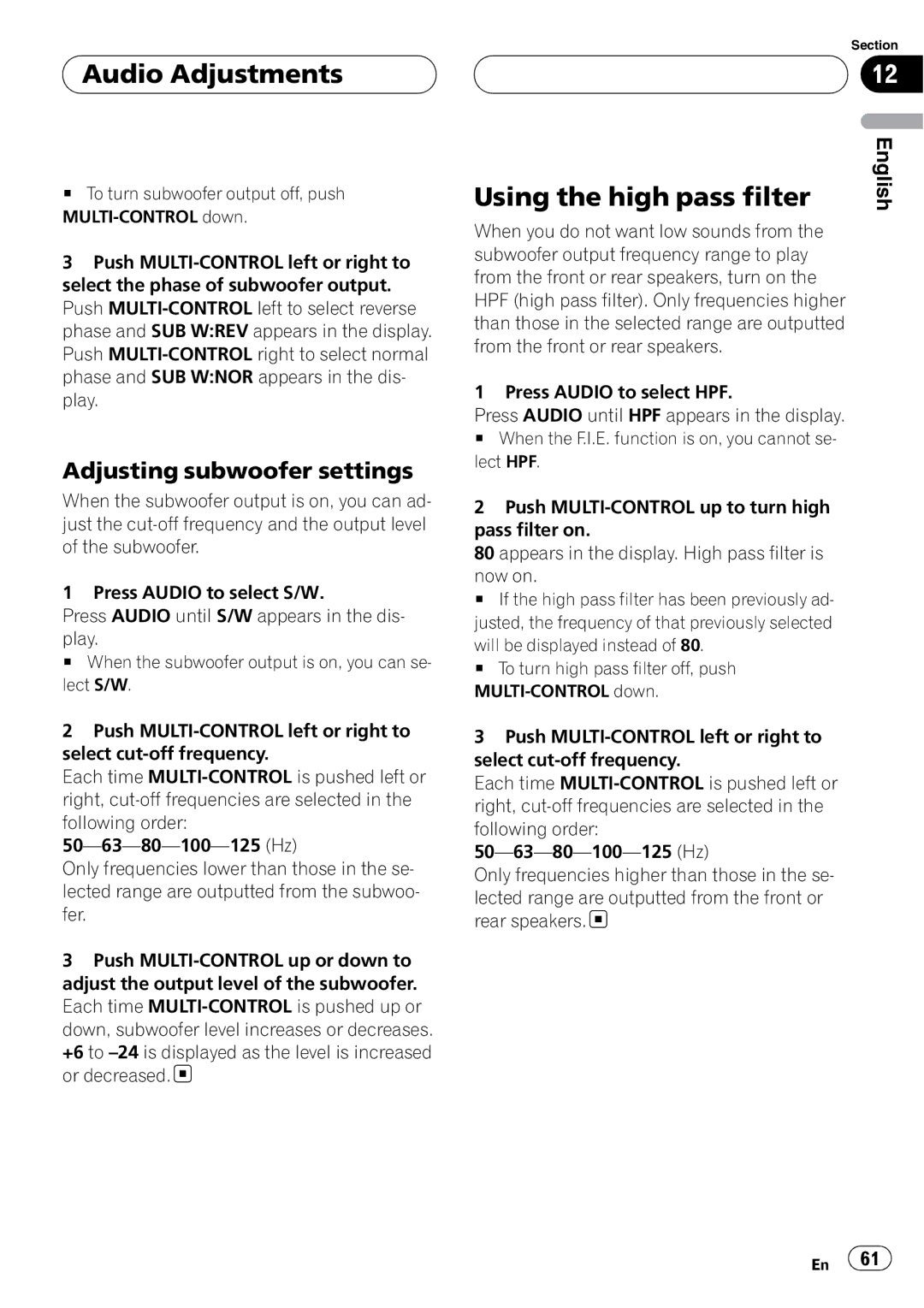 Pioneer DEH-P55BT operation manual Using the high pass filter, Adjusting subwoofer settings 