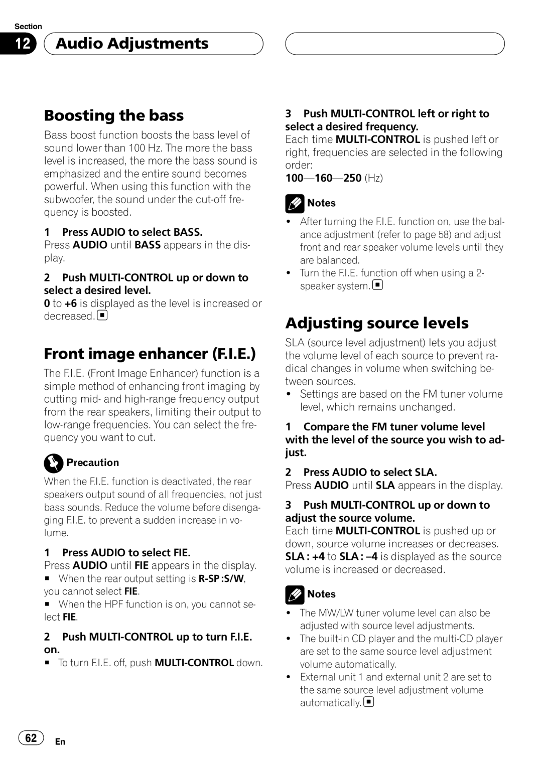 Pioneer DEH-P55BT operation manual Audio Adjustments Boosting the bass, Front image enhancer F.I.E, Adjusting source levels 