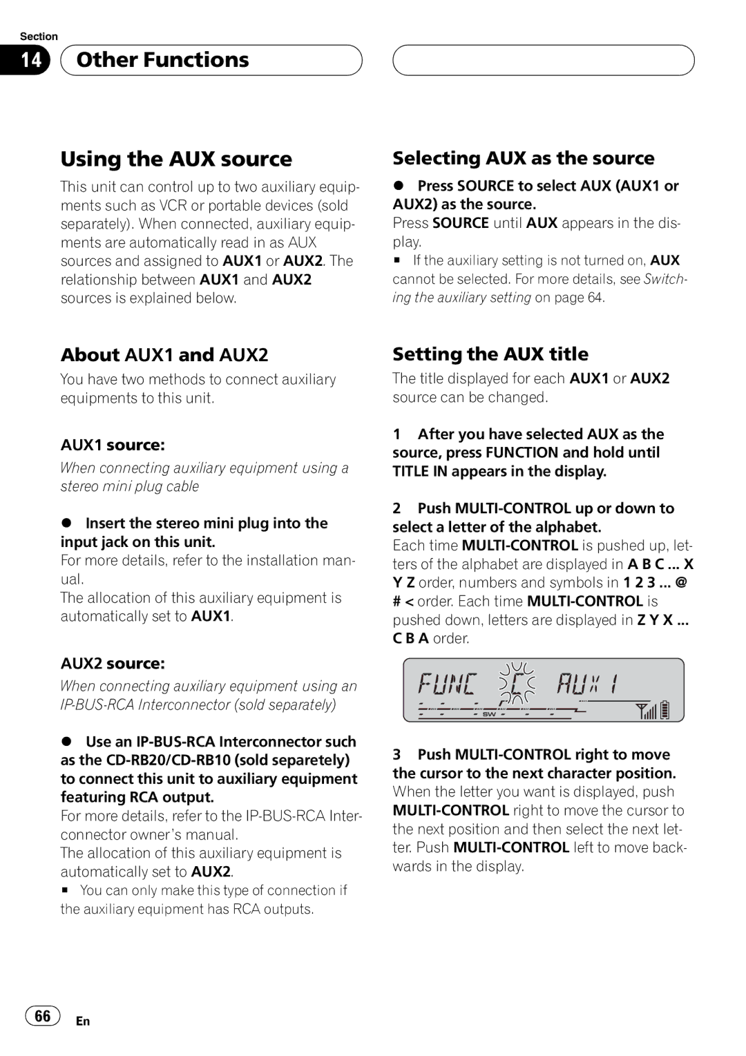 Pioneer DEH-P55BT operation manual Other Functions Using the AUX source, Selecting AUX as the source, About AUX1 and AUX2 