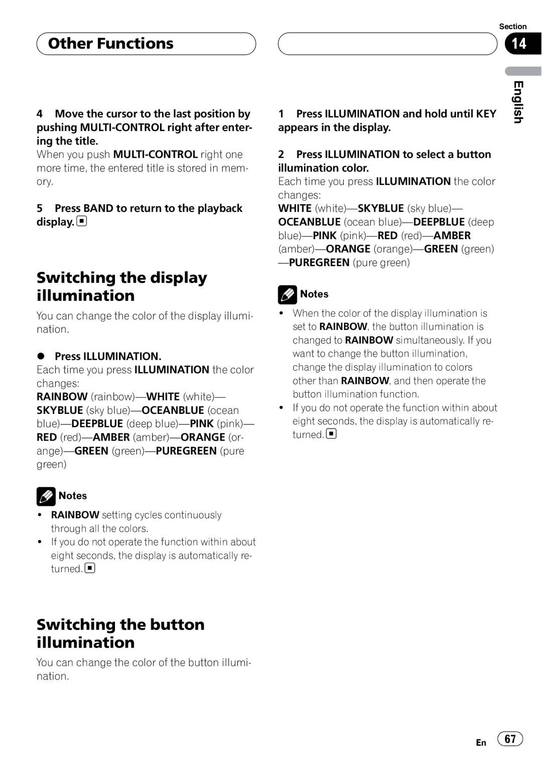 Pioneer DEH-P55BT operation manual Other Functions, Switching the display illumination, Switching the button illumination 