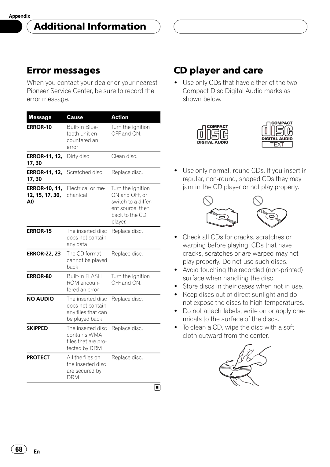 Pioneer DEH-P55BT operation manual Additional Information Error messages, CD player and care 