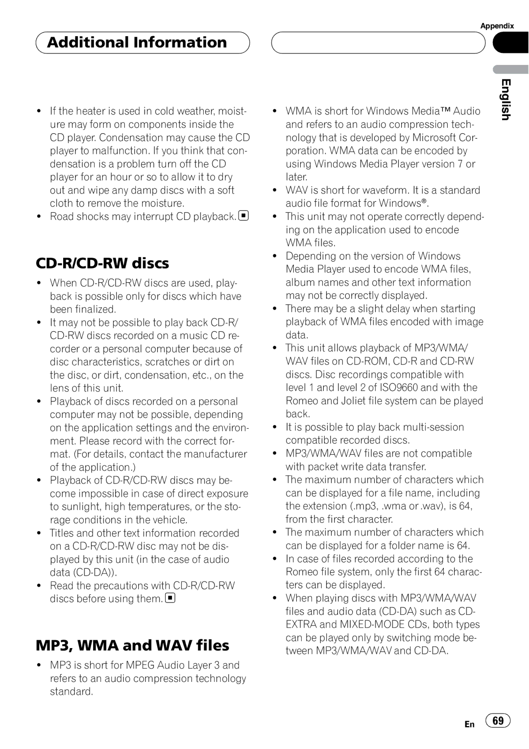 Pioneer DEH-P55BT operation manual Additional Information, CD-R/CD-RW discs, MP3, WMA and WAV files 