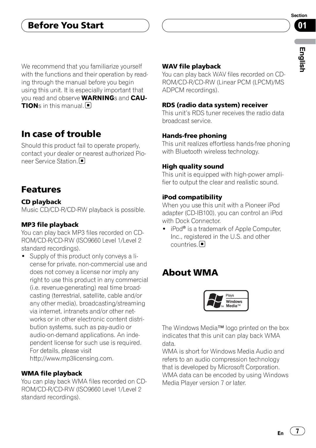 Pioneer DEH-P55BT operation manual Case of trouble, Features, About WMA 