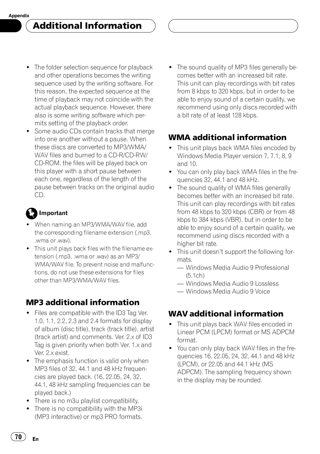 Pioneer DEH-P55BT operation manual MP3 additional information, WMA additional information, WAV additional information 