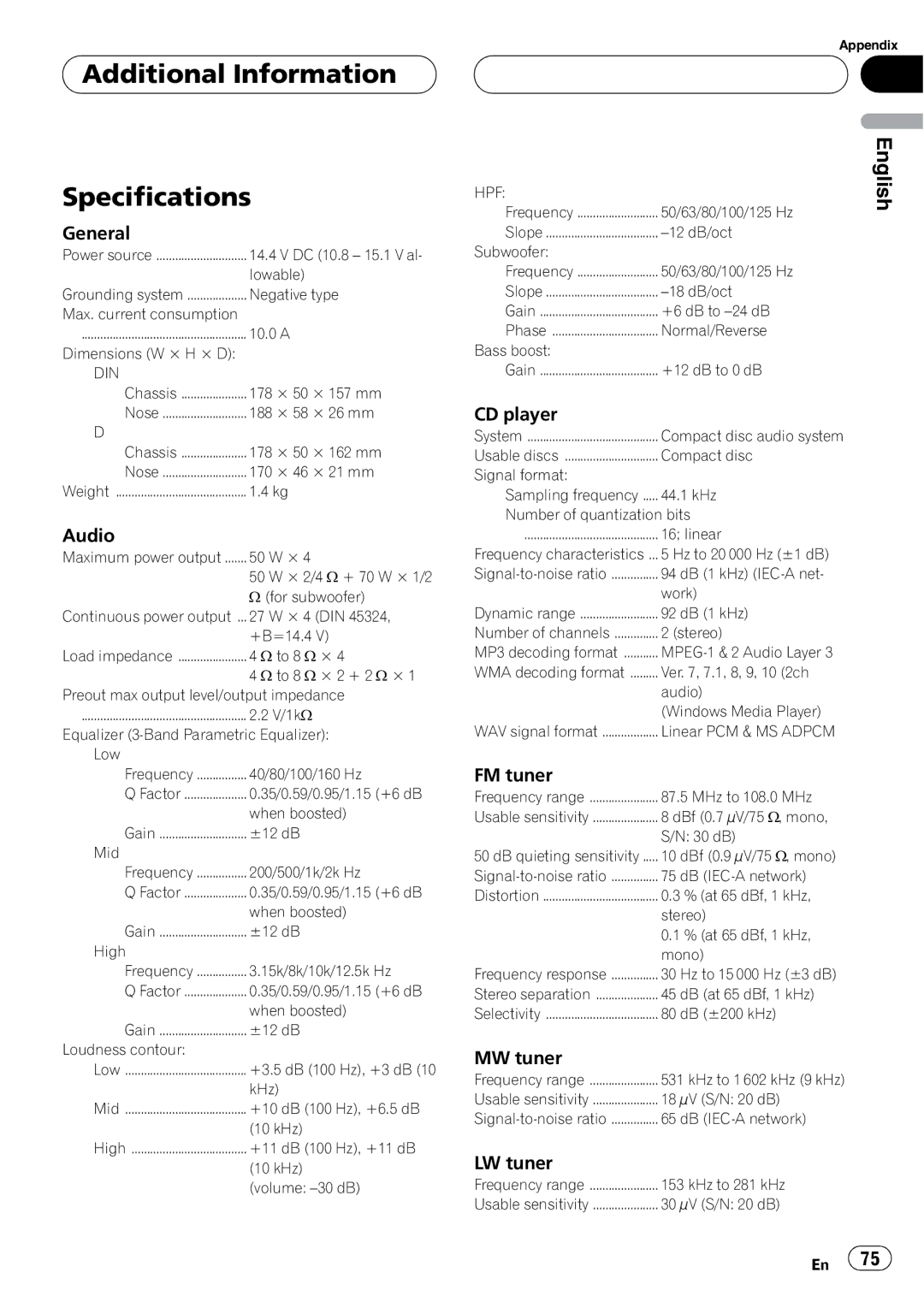 Pioneer DEH-P55BT operation manual Additional Information Specifications, General 