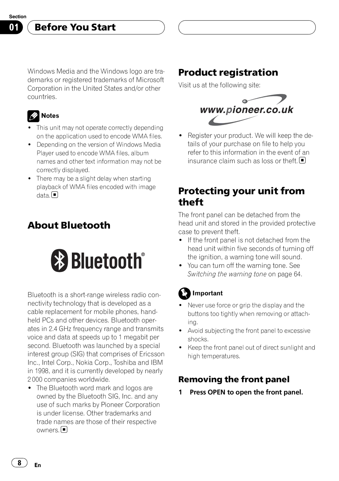 Pioneer DEH-P55BT About Bluetooth, Product registration, Protecting your unit from theft, Removing the front panel 