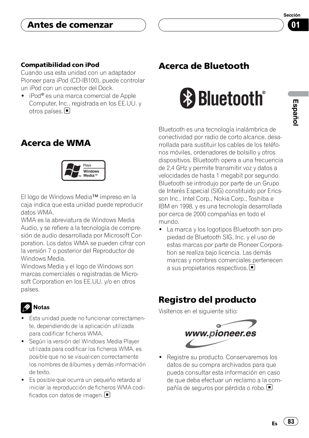 Pioneer DEH-P55BT operation manual Acerca de WMA, Acerca de Bluetooth, Registro del producto 