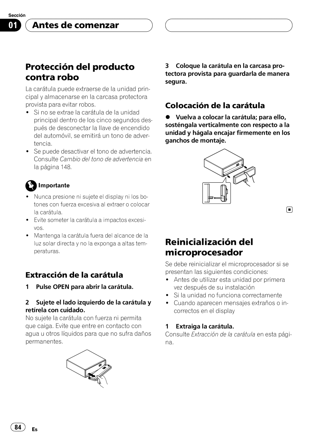 Pioneer DEH-P55BT Antes de comenzar Protección del producto contra robo, Reinicialización del microprocesador 