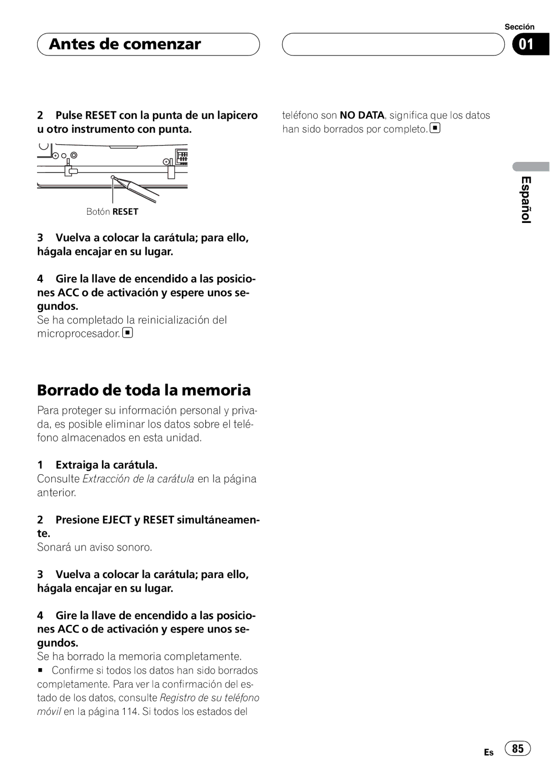 Pioneer DEH-P55BT operation manual Borrado de toda la memoria 