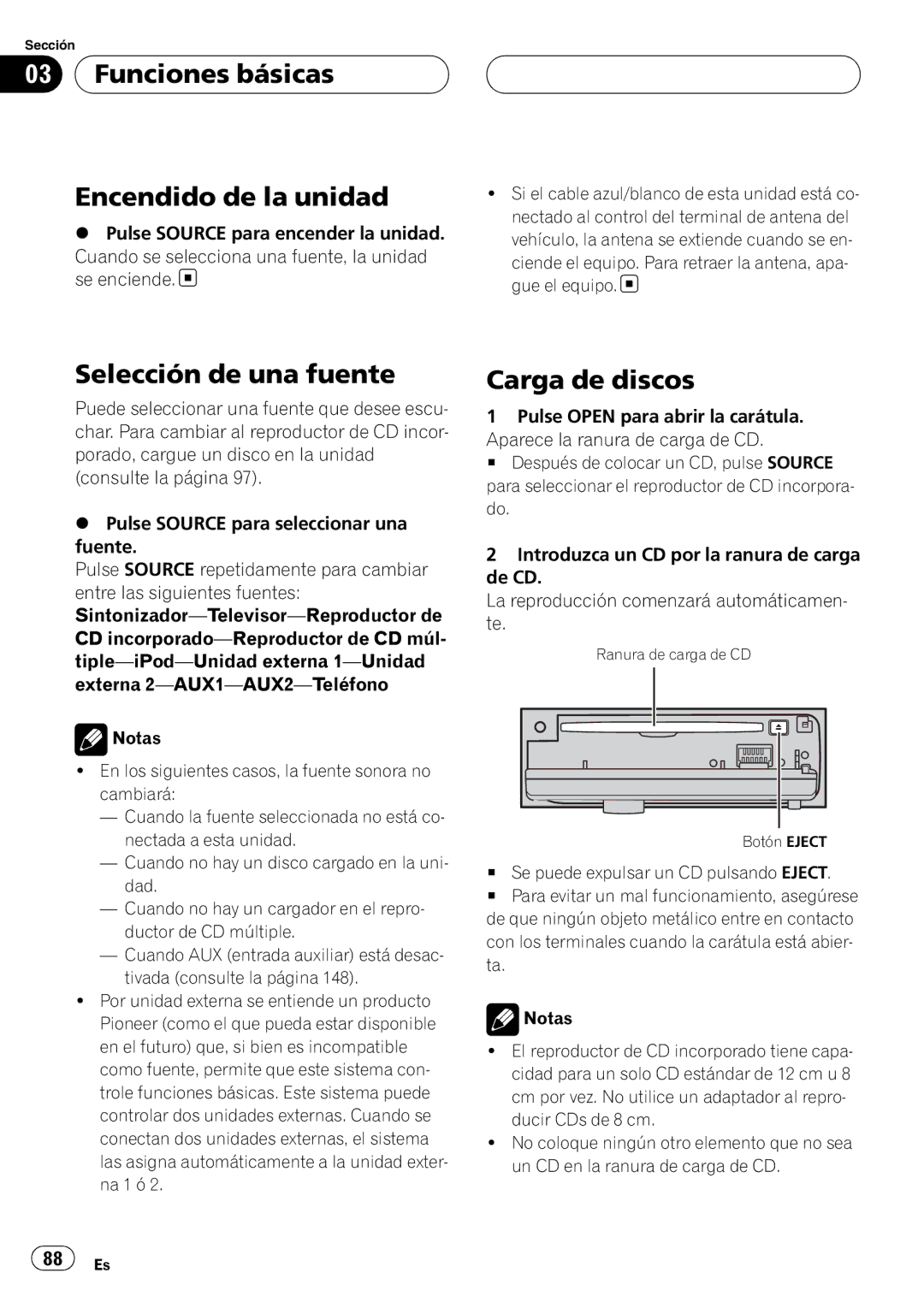 Pioneer DEH-P55BT operation manual Funciones básicas Encendido de la unidad, Selección de una fuente, Carga de discos 