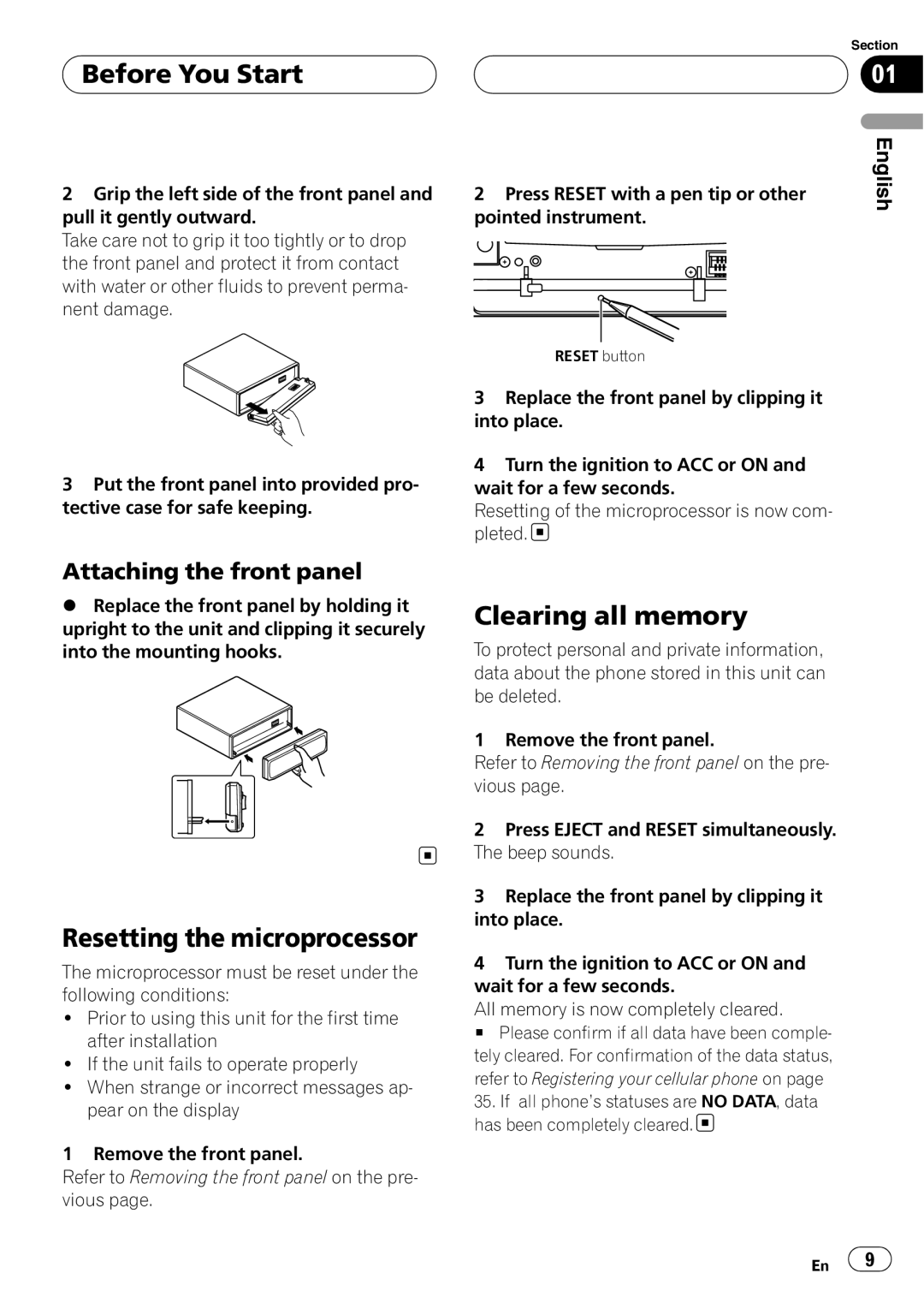 Pioneer DEH-P55BT operation manual Resetting the microprocessor, Clearing all memory, Attaching the front panel 