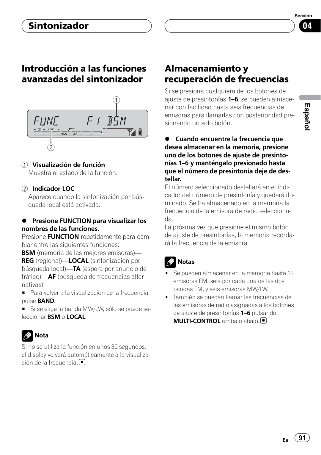 Pioneer DEH-P55BT operation manual Almacenamiento y recuperación de frecuencias 