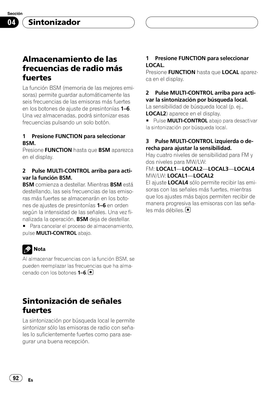 Pioneer DEH-P55BT operation manual Sintonización de señales fuertes, Local 