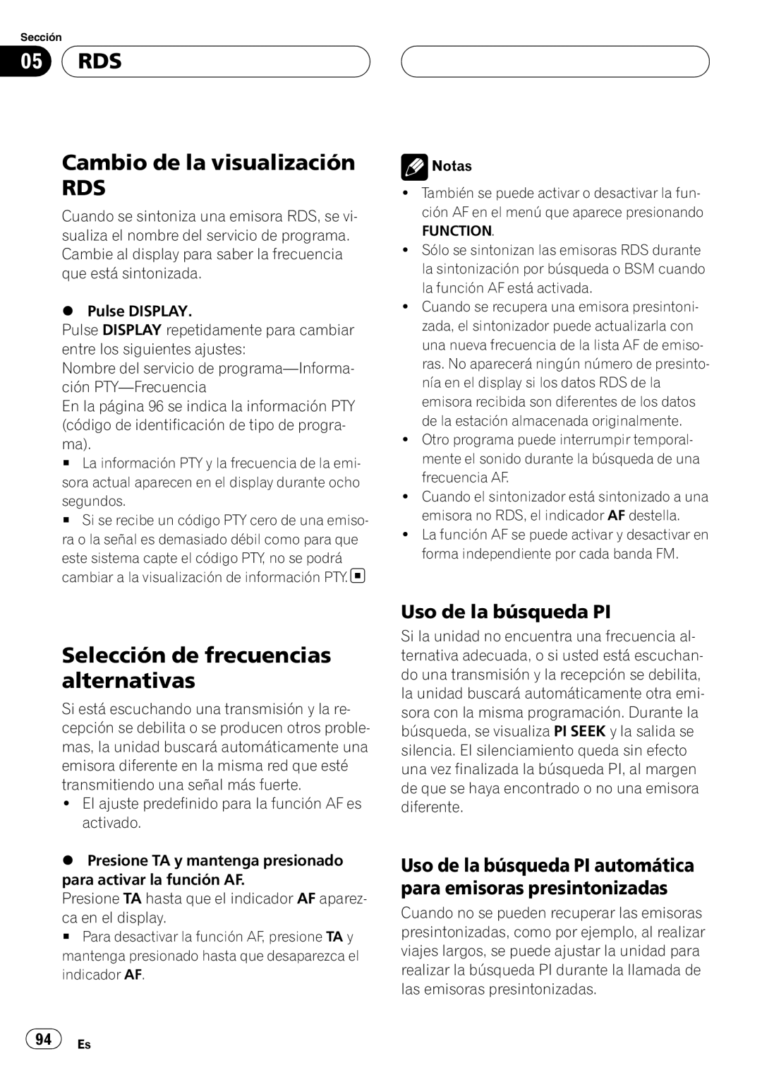 Pioneer DEH-P55BT operation manual Cambio de la visualización, Selección de frecuencias alternativas, Uso de la búsqueda PI 