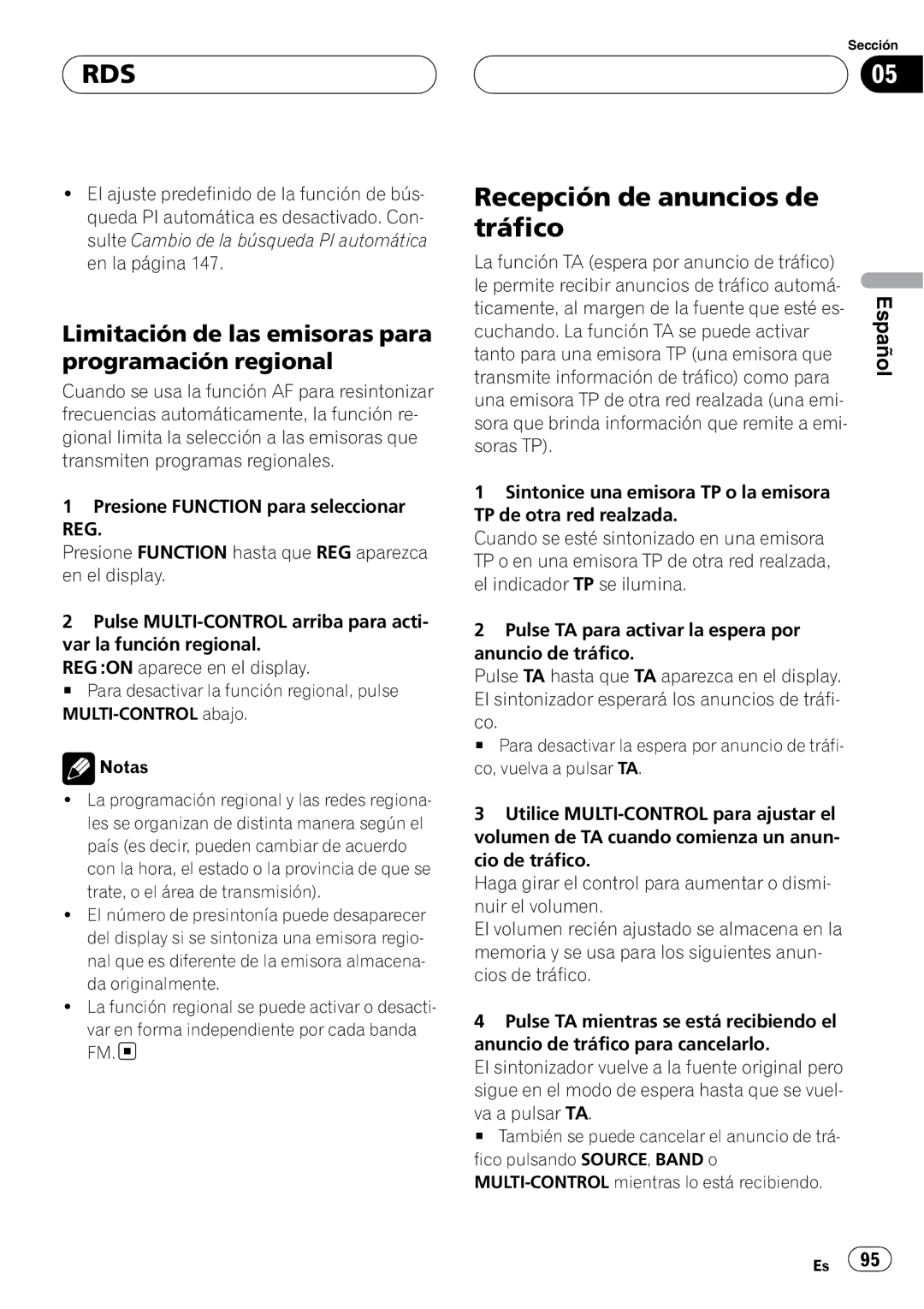 Pioneer DEH-P55BT operation manual Recepción de anuncios de tráfico, Limitación de las emisoras para programación regional 