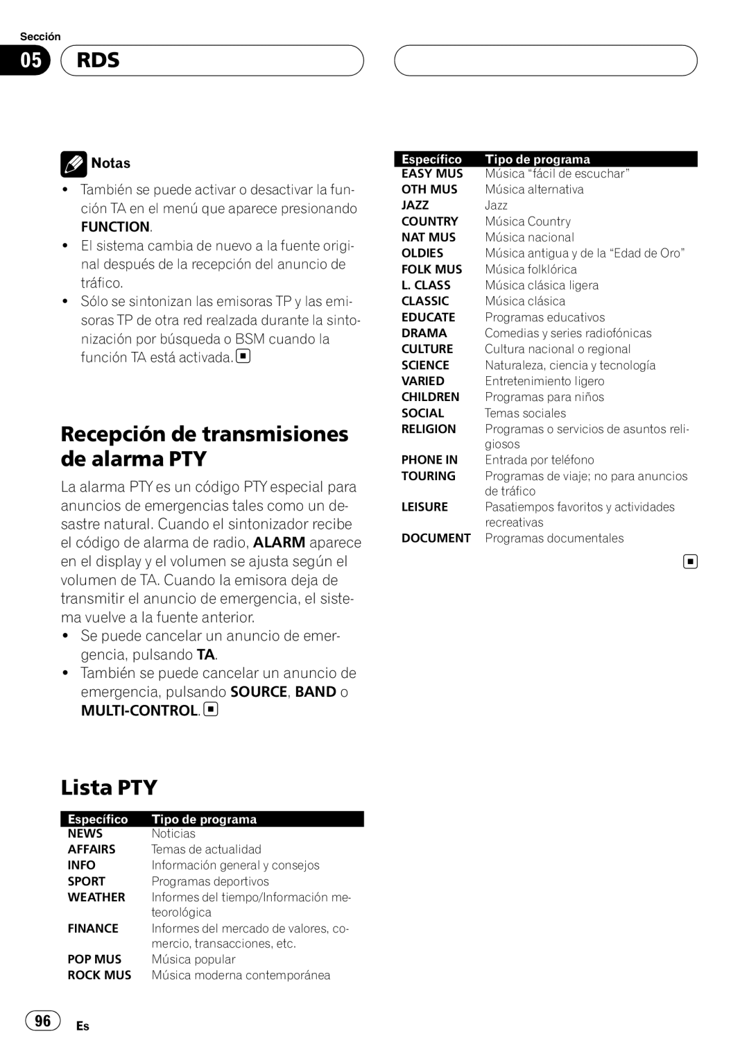 Pioneer DEH-P55BT operation manual Recepción de transmisiones de alarma PTY, Lista PTY 