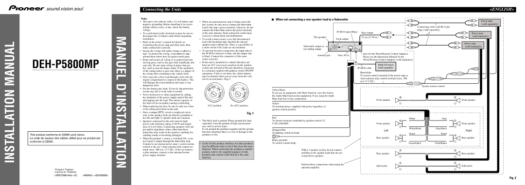 Pioneer DEH-P5800MP installation manual Connecting the Units, When not connecting a rear speaker lead to a Subwoofer 