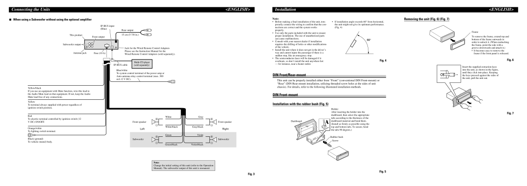 Pioneer DEH-P5800MP installation manual Installation, DIN Front/Rear-mount, DIN Front-mount, Removing the unit Fig 