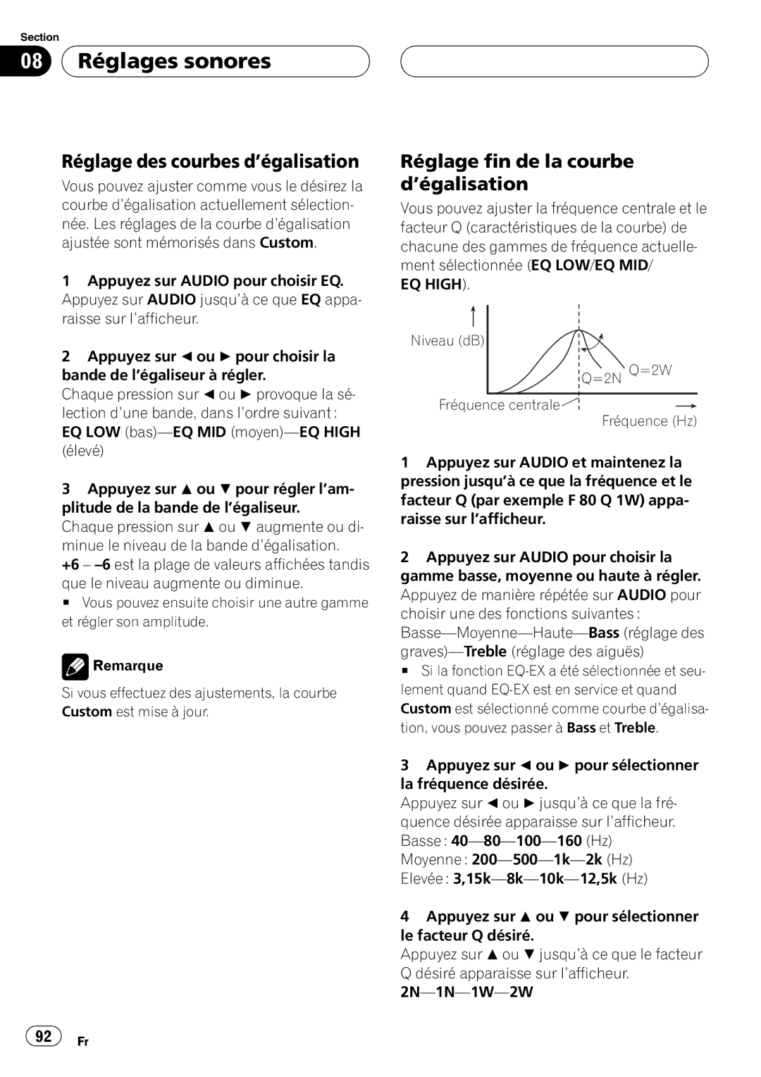 Pioneer DEH-P580MP operation manual Niveau dB =2N Q=2W Fréquence centrale Fréquence Hz 