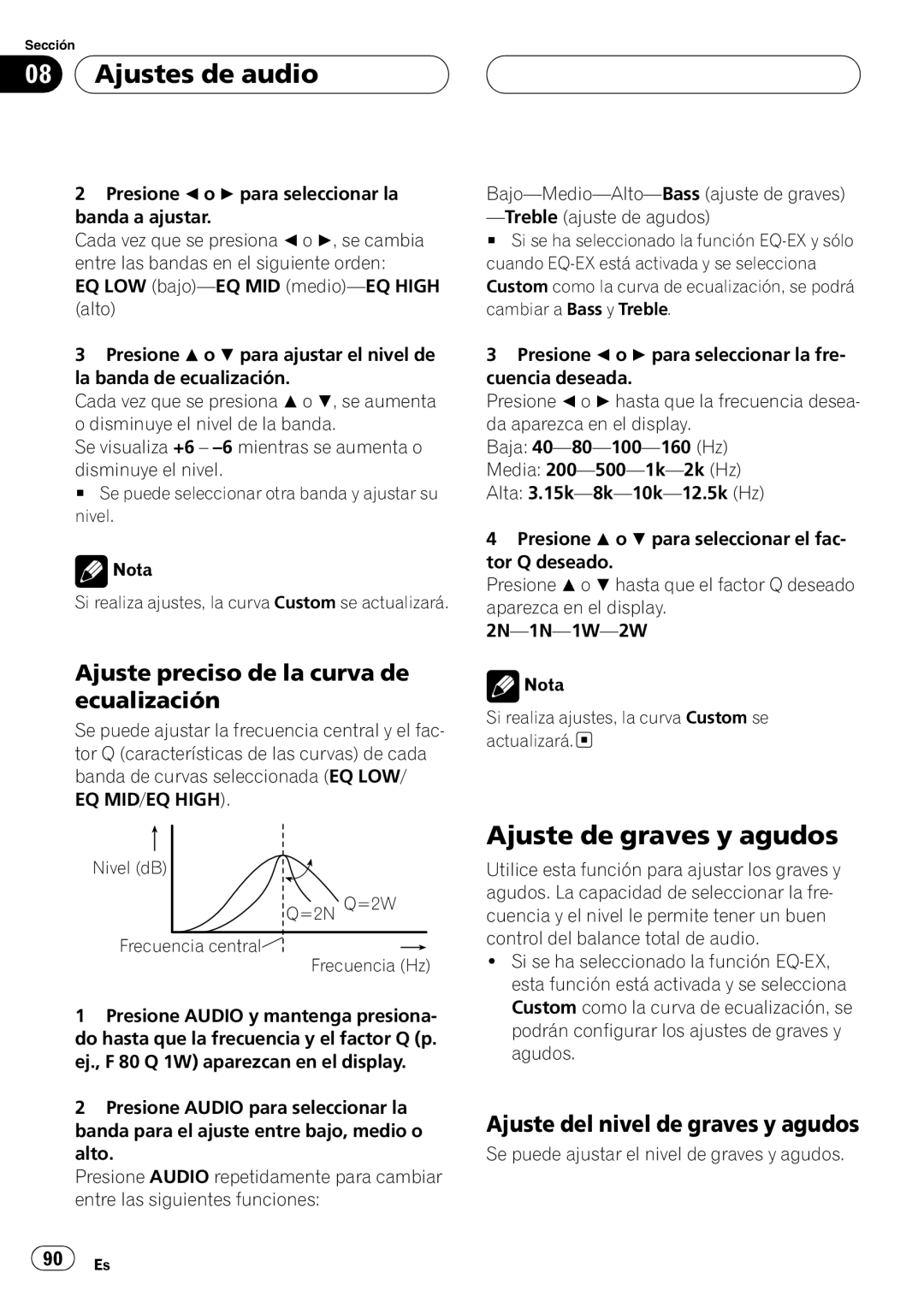 Pioneer DEH-P5850MP operation manual Nivel dB Q=2N Q=2W Frecuencia central, Frecuencia Hz, + + 