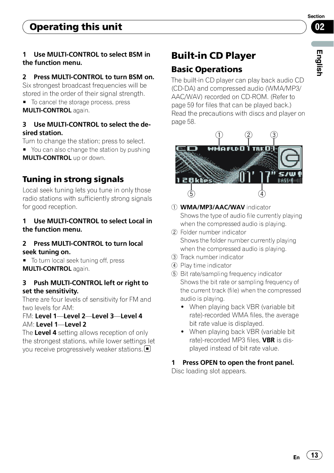 Pioneer DEH-P5900IB operation manual Built-in CD Player, Tuning in strong signals 