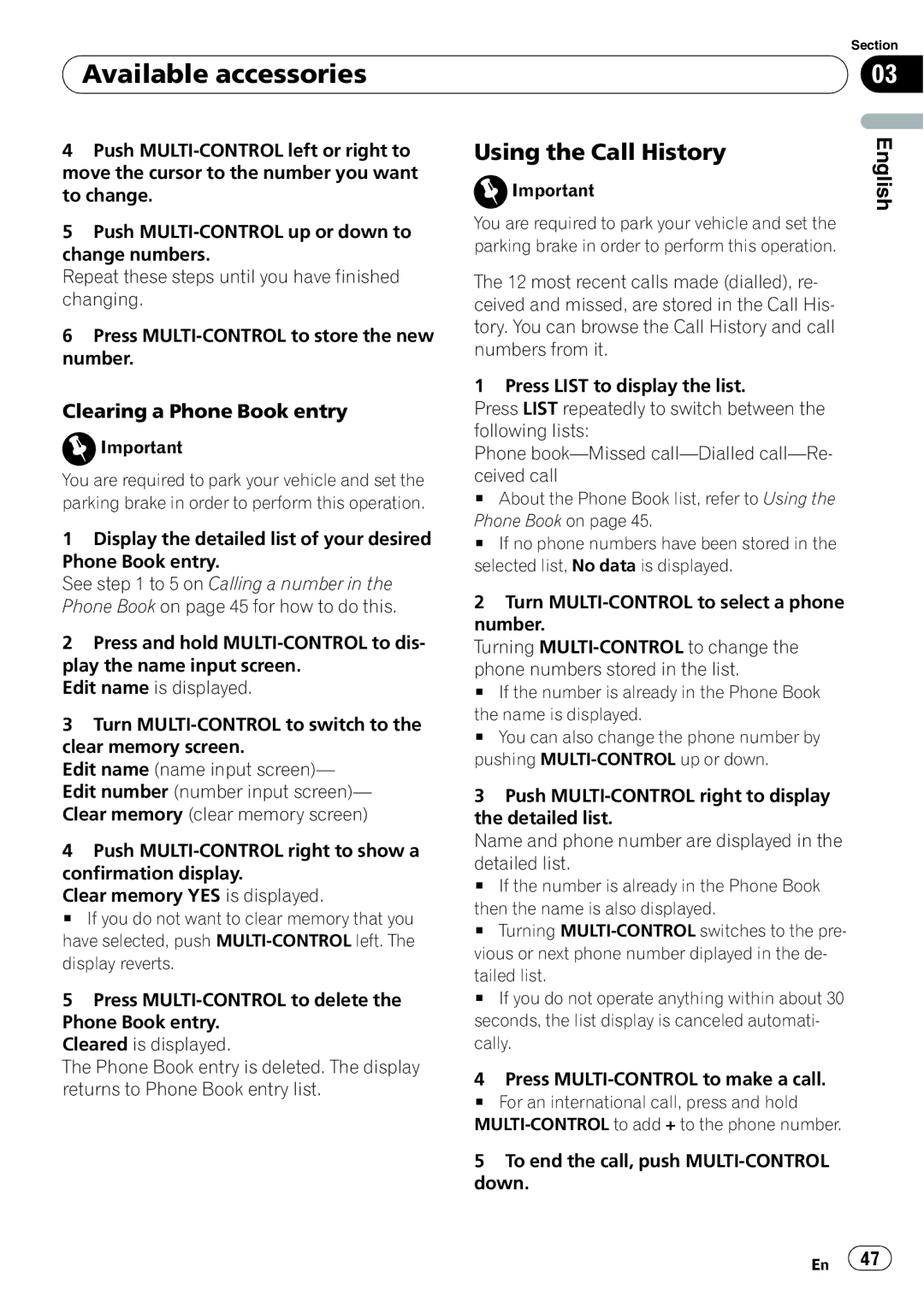 Pioneer DEH-P5900IB operation manual Using the Call History, Clearing a Phone Book entry 