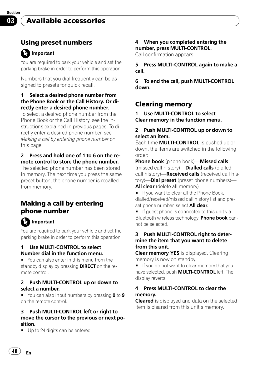 Pioneer DEH-P5900IB operation manual Using preset numbers, Making a call by entering phone number, Clearing memory 