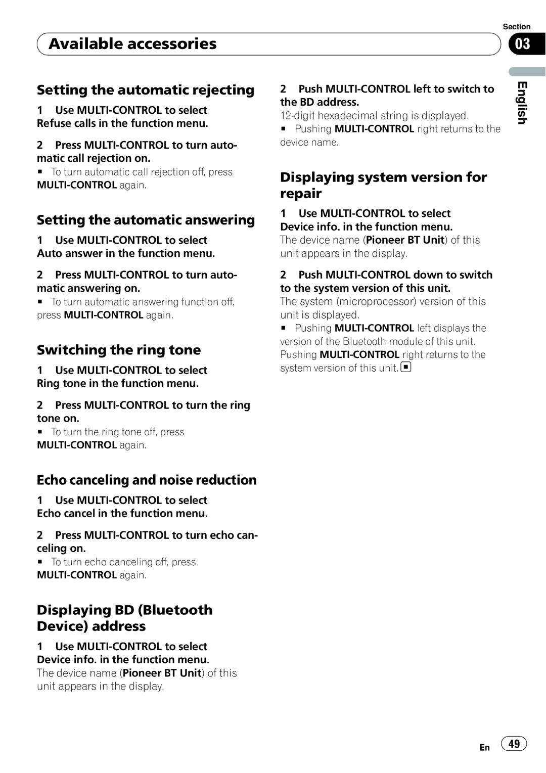 Pioneer DEH-P5900IB Setting the automatic rejecting, Setting the automatic answering, Switching the ring tone 