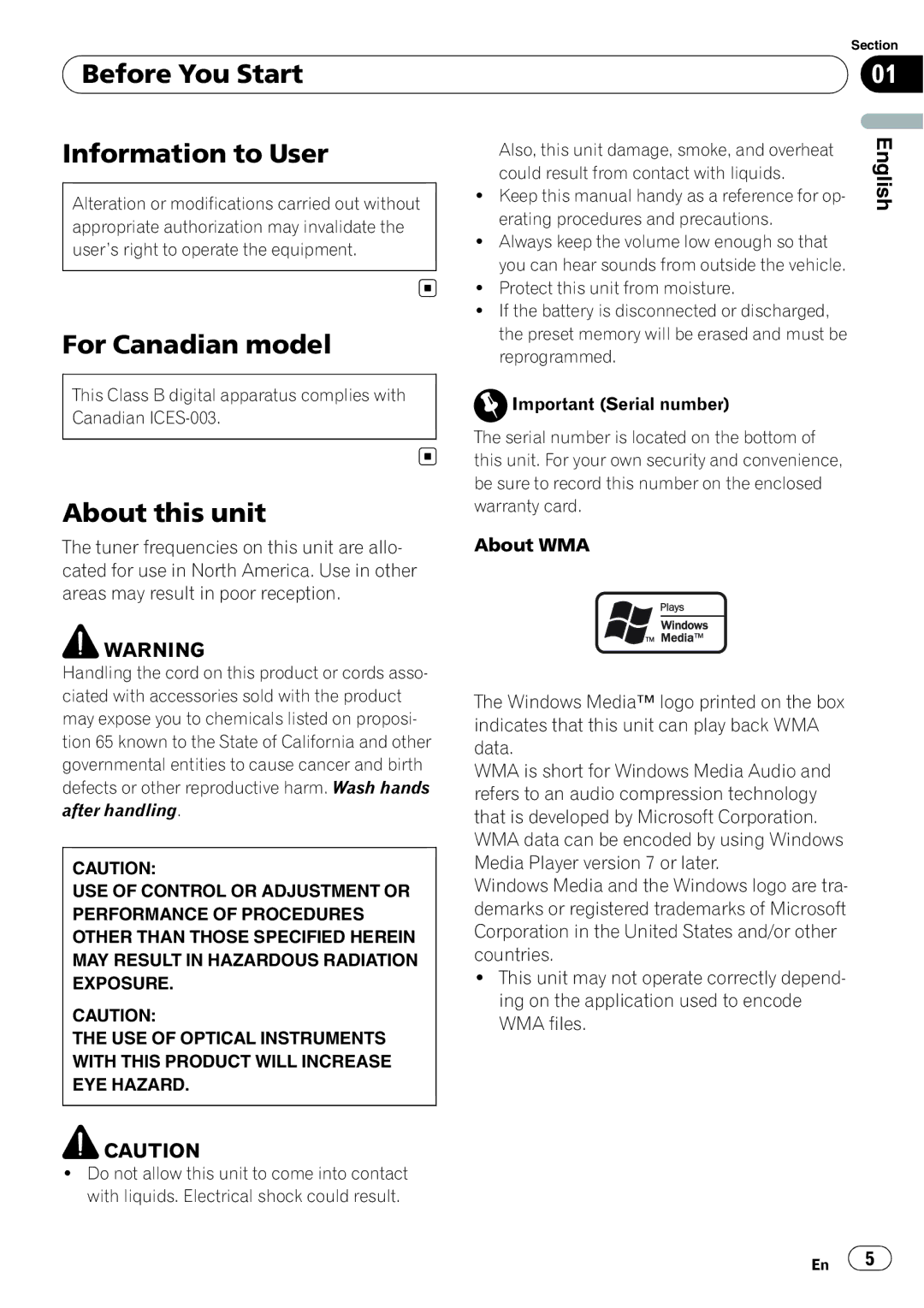 Pioneer DEH-P5900IB operation manual Before You Start Information to User, For Canadian model, About this unit 