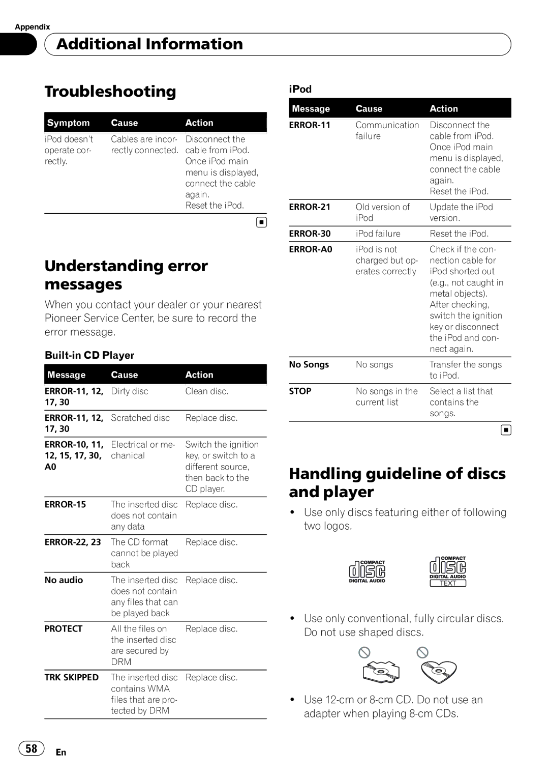 Pioneer DEH-P5900IB operation manual Additional Information Troubleshooting, Understanding error messages 