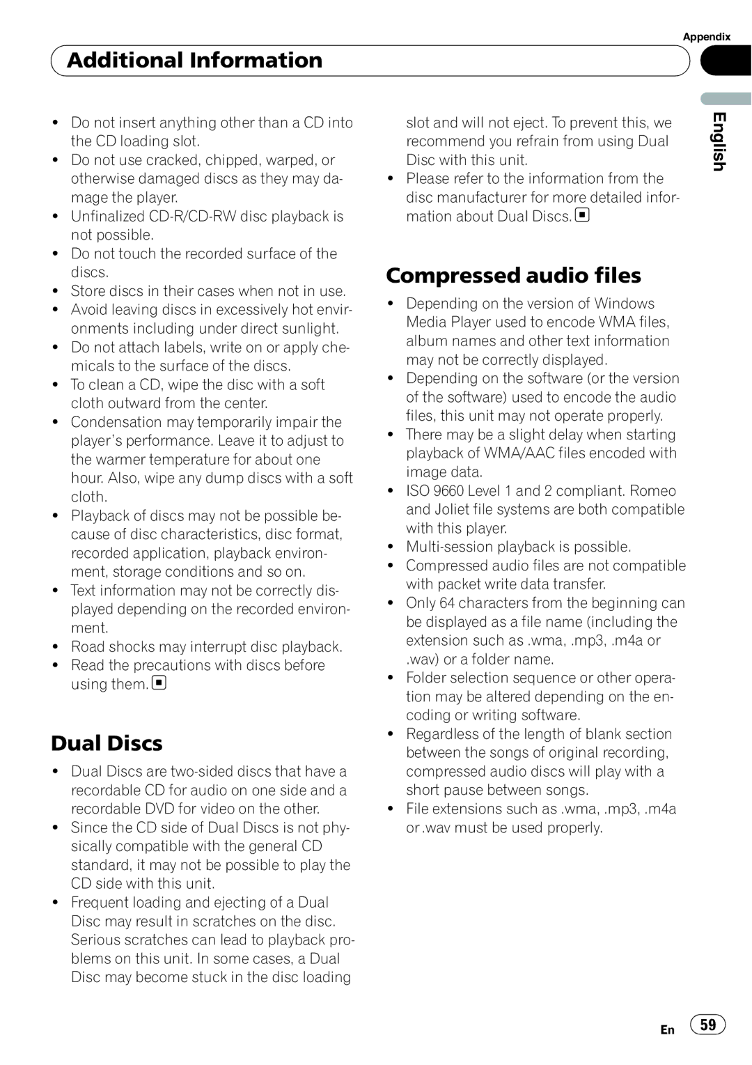 Pioneer DEH-P5900IB operation manual Additional Information, Dual Discs, Compressed audio files 