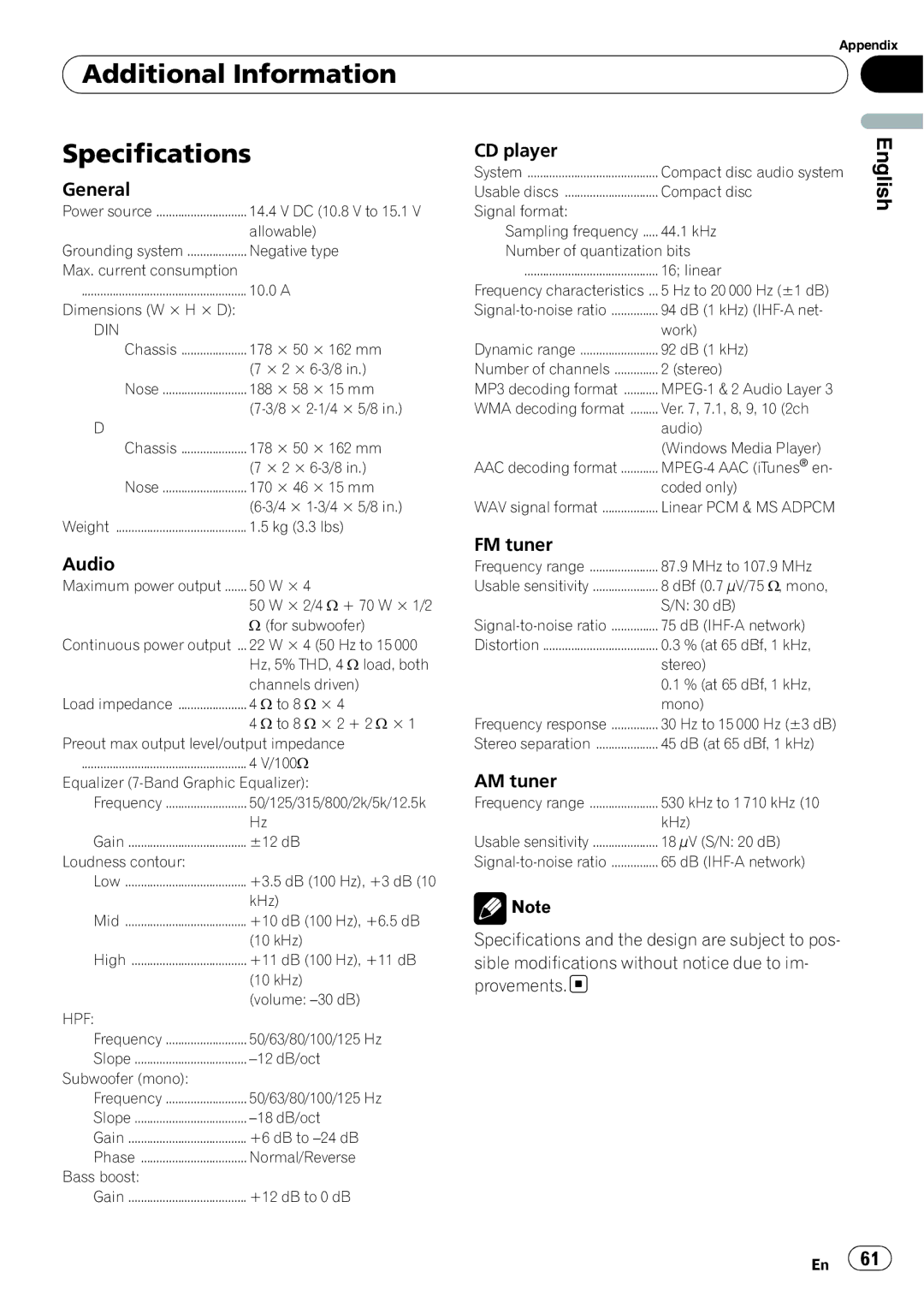 Pioneer DEH-P5900IB operation manual Additional Information Specifications, General 