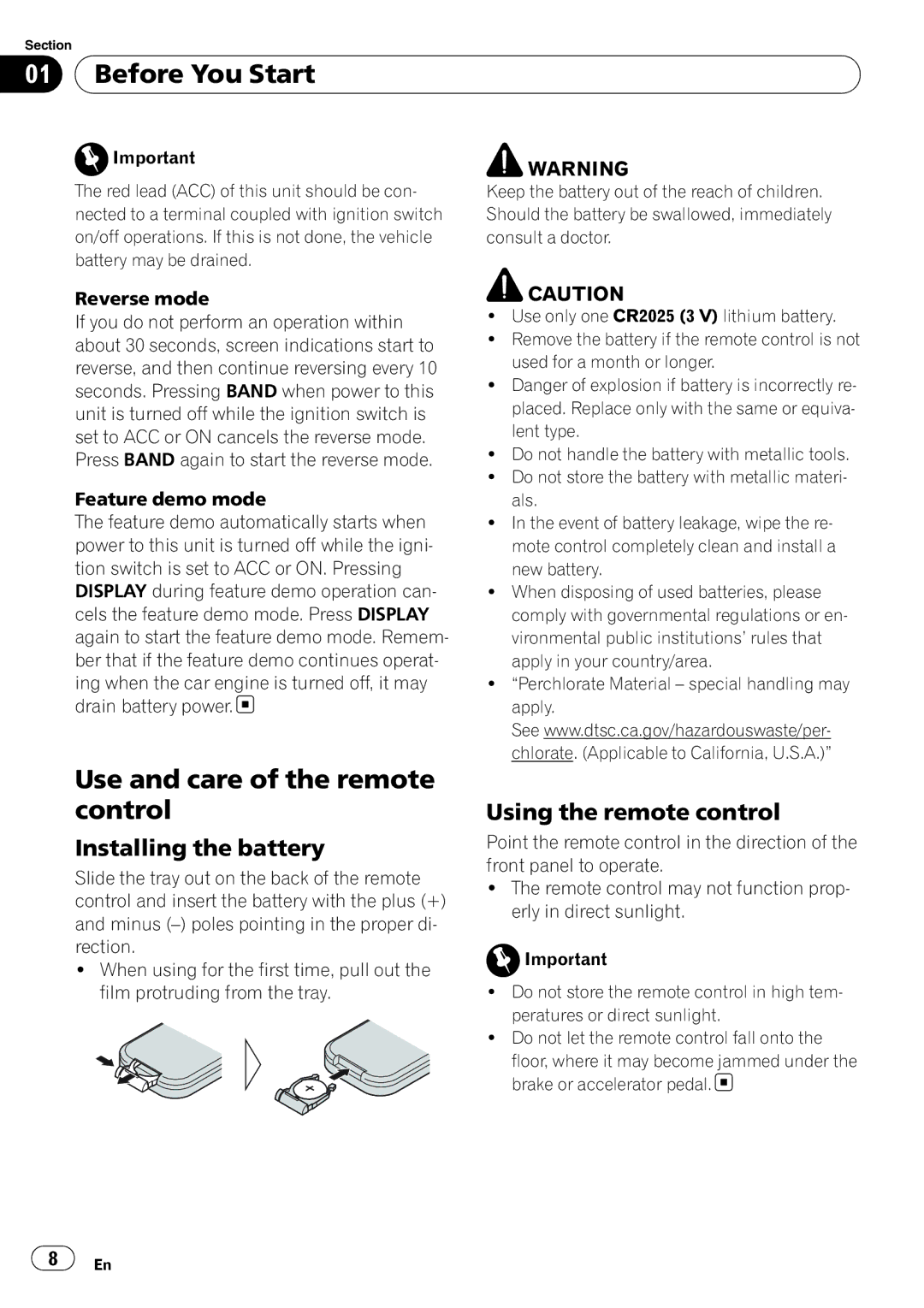 Pioneer DEH-P5900IB operation manual Use and care of the remote control, Installing the battery, Using the remote control 