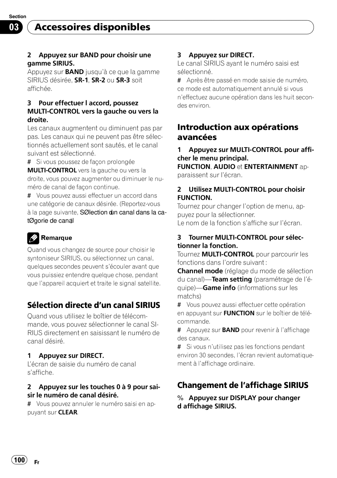 Pioneer DEH-P5900IB operation manual Sélection directe d’un canal Sirius, Changement de l’affichage Sirius, 100 Fr 