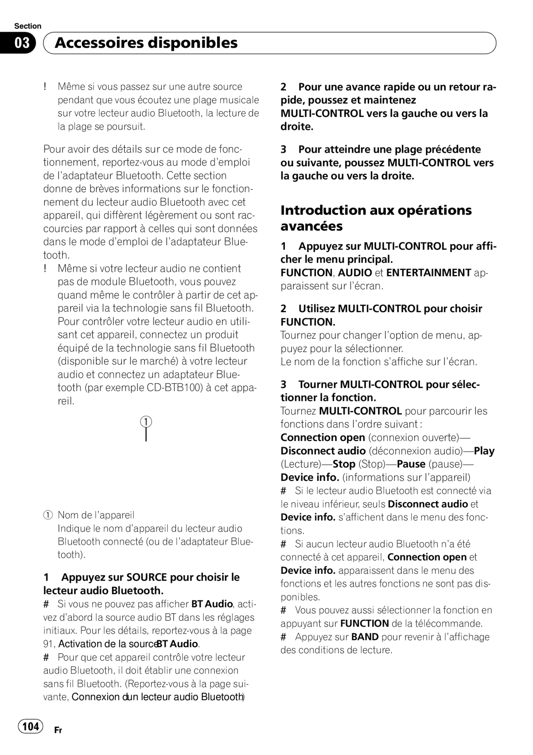 Pioneer DEH-P5900IB operation manual 104 Fr, 91, Activation de la source BT Audio, Tions 