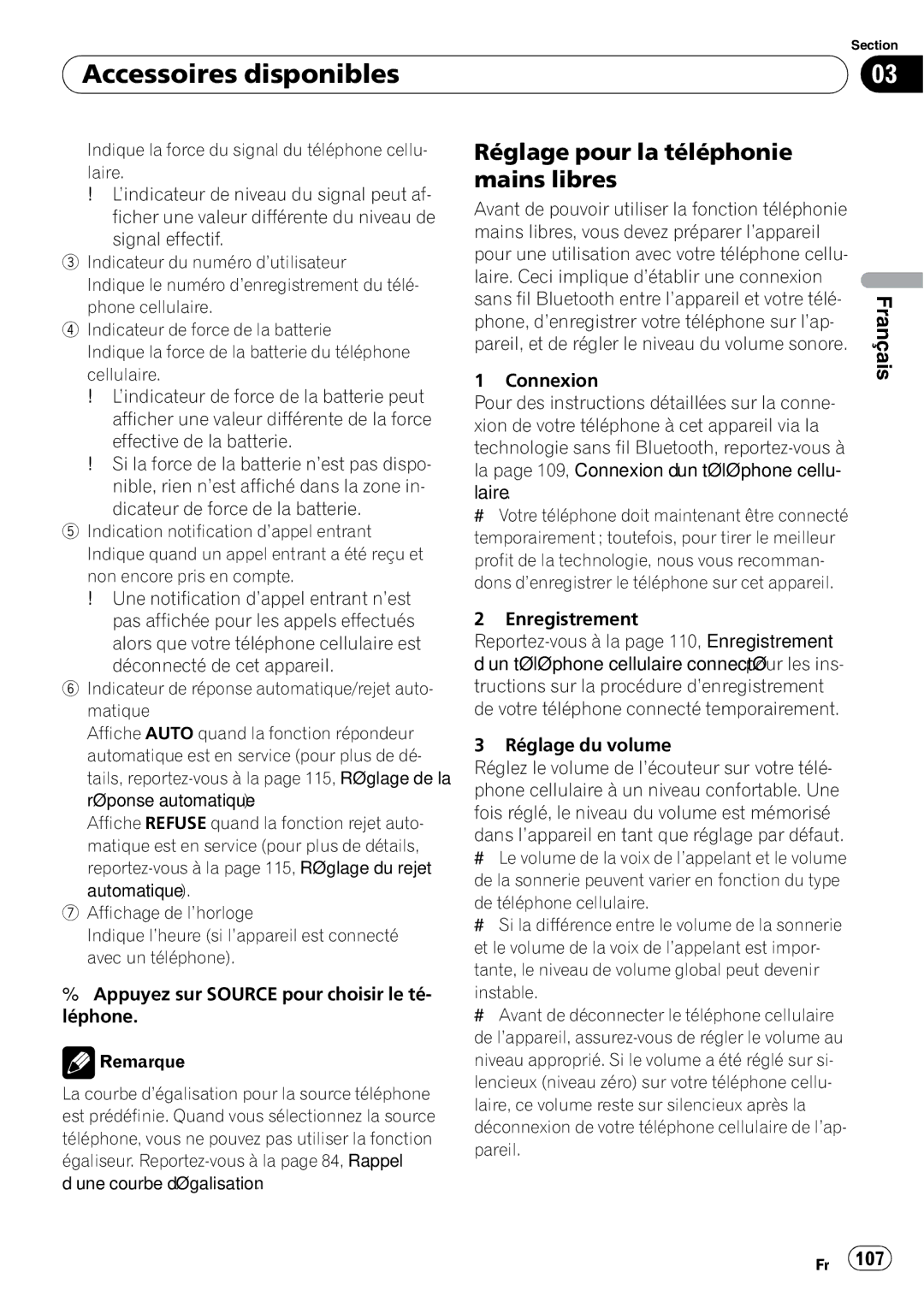 Pioneer DEH-P5900IB operation manual Réglage pour la téléphonie mains libres 